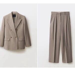 Mango Tan Double-Breasted Women's Pantsuit wool blend Size 12/L